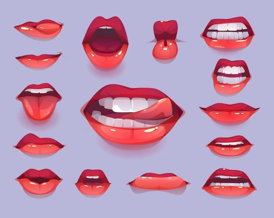a woman's mouth icon set with red sexy lips expressing various emotions