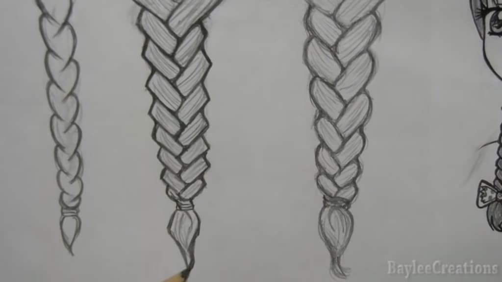 Three different styles of hand-drawn braids with varying detail on a white background