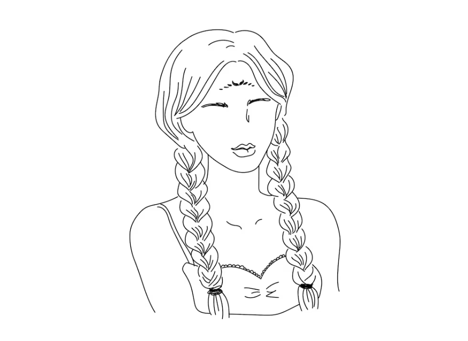 Line drawing of a woman with closed eyes, featuring detailed twin braids and a strapless top