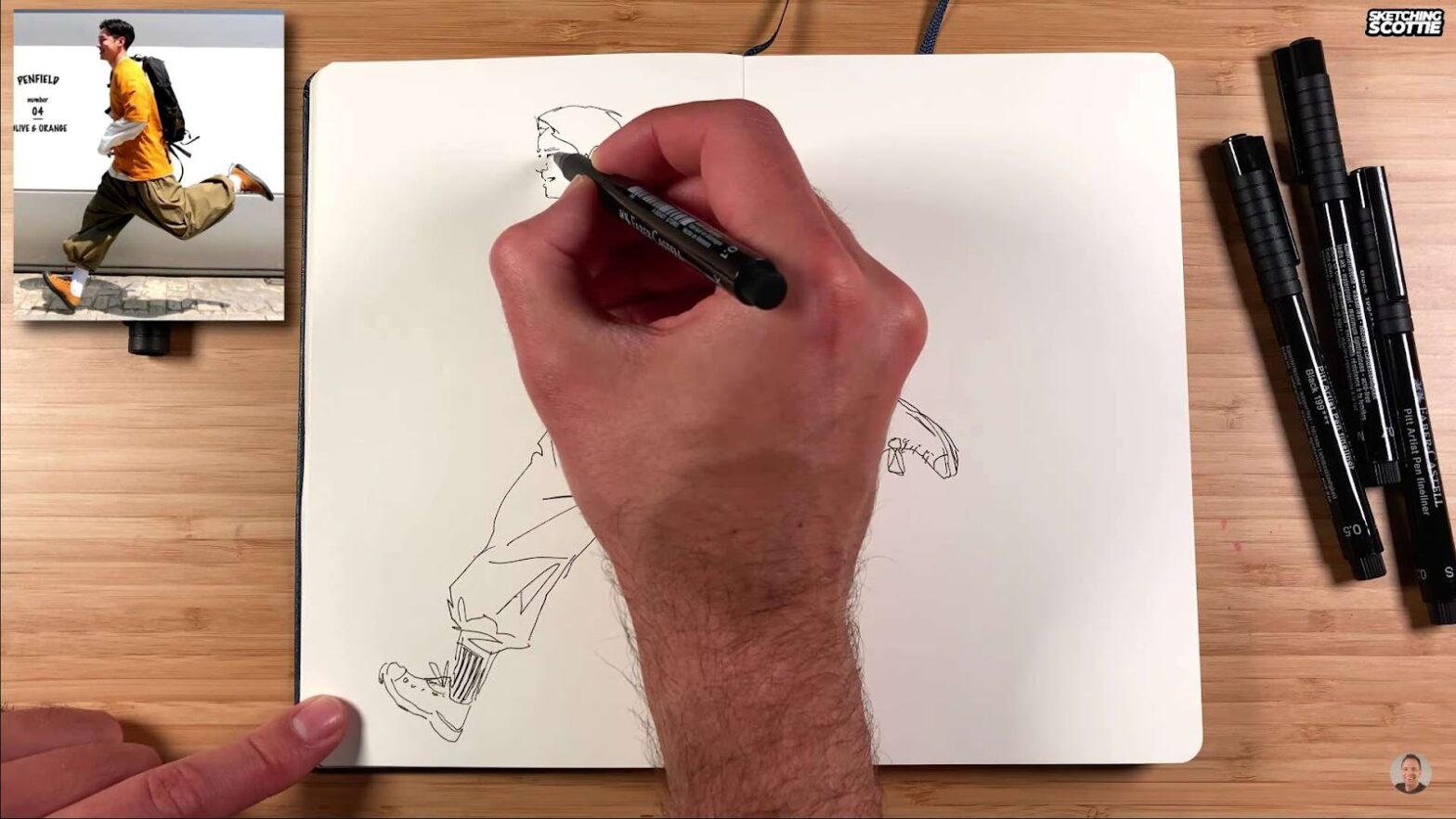 man drawing with pens